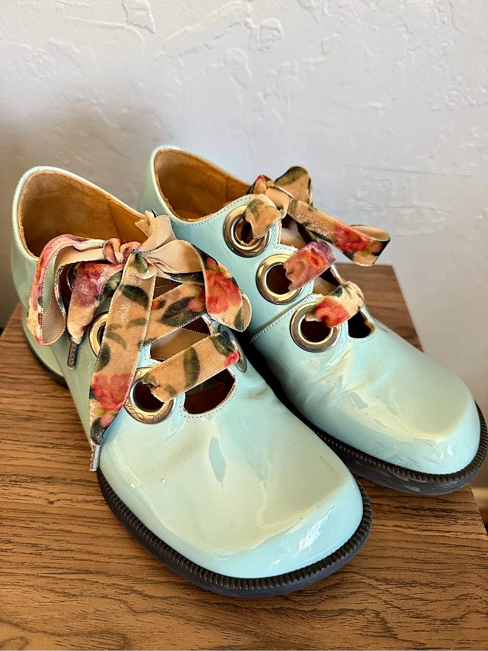 John Fluevog Floral Ribbon Lace-Up Heels in Blue & Brown
